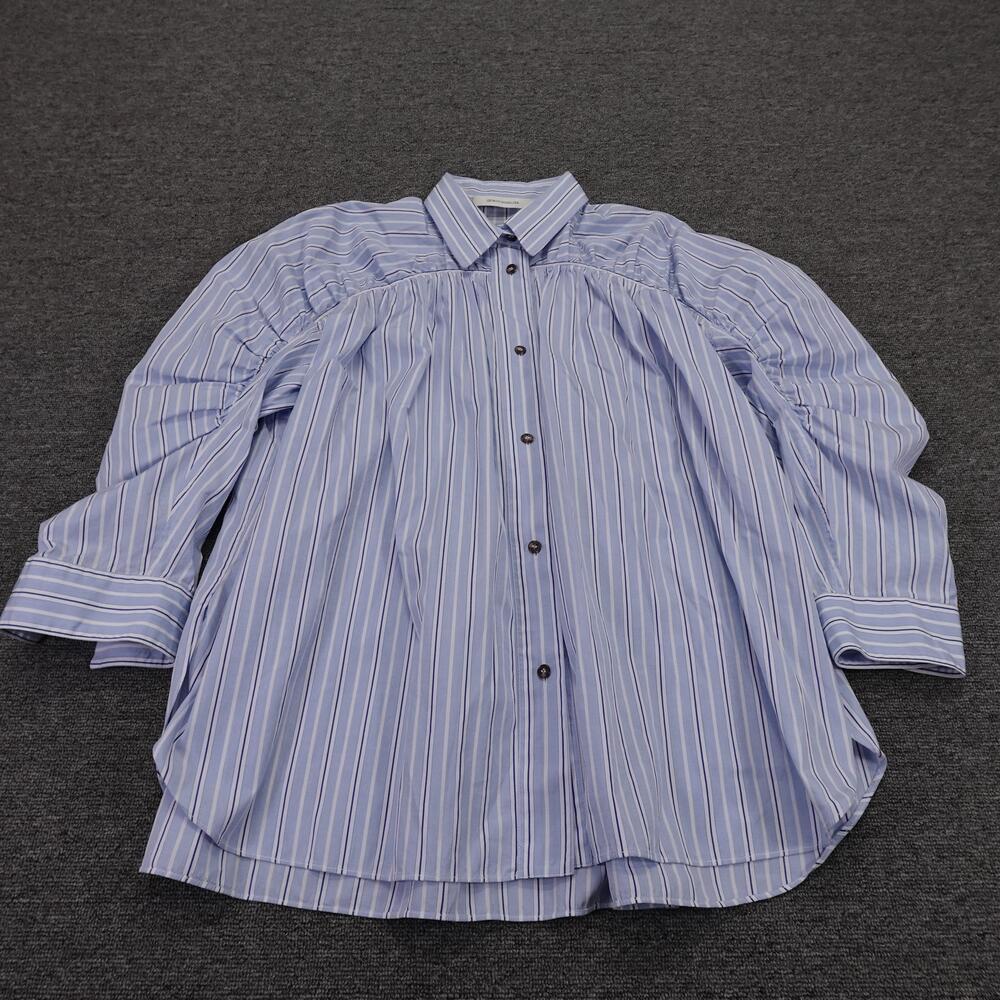 Cedric Charlier Blouse Womens 10 Blue Striped Puff Sleeve Button Tunic Top